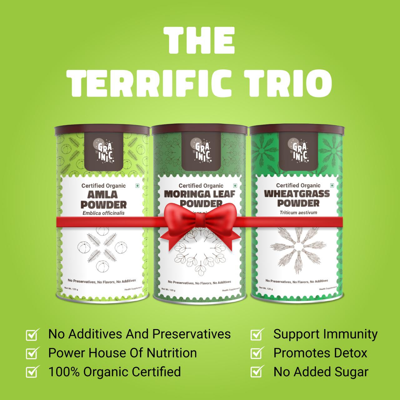 Terrific Trio | Amla, Moringa and Wheatgrass Powder Trio